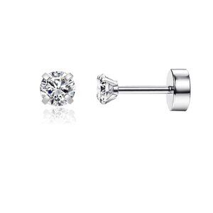 Tiny Silver 3mm CZ Flatback Cartilage Earrings with Screw Back for Helix Tragus